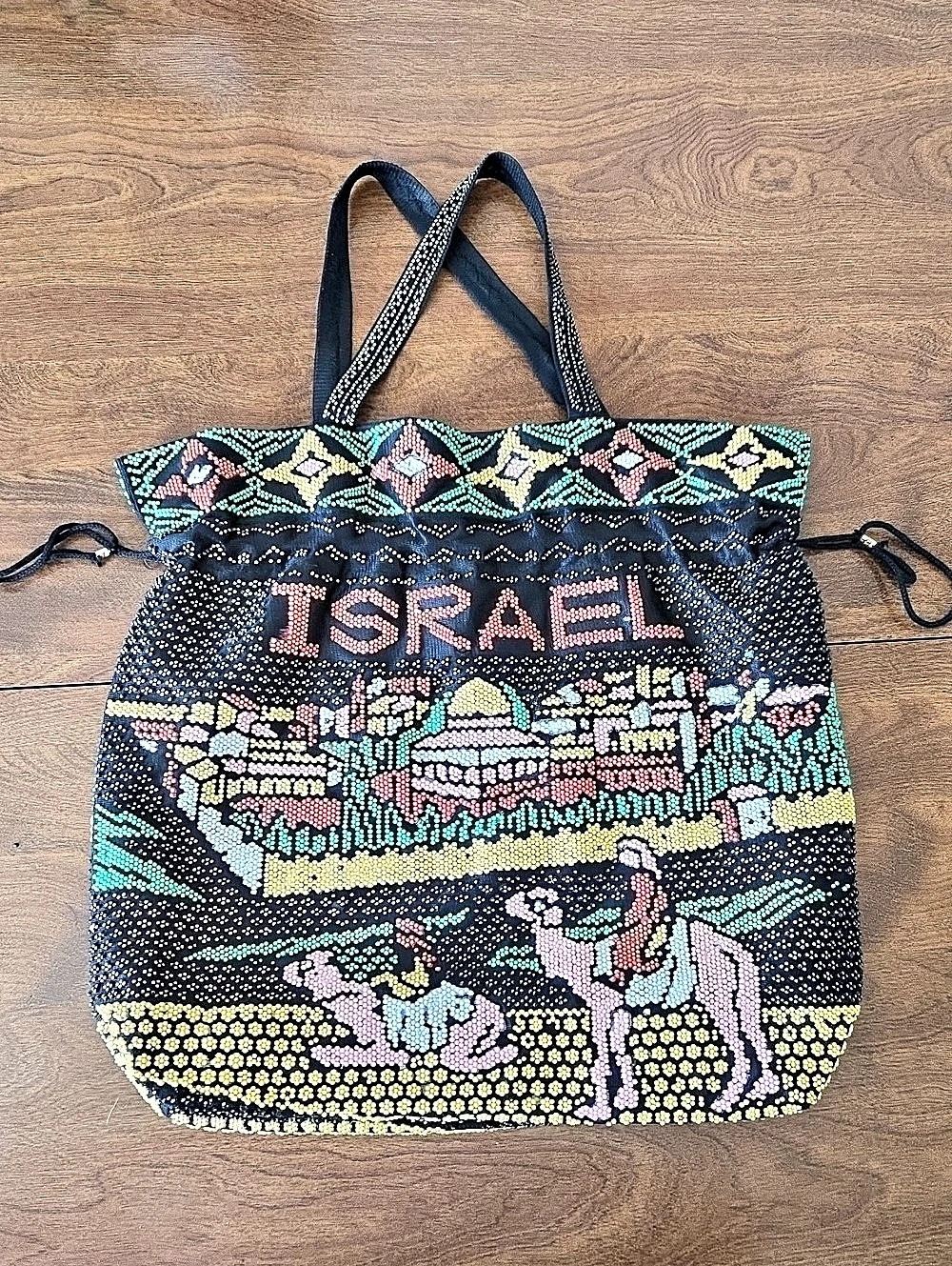 Beaded Israel Drawstring Tote in Black & Multicolor